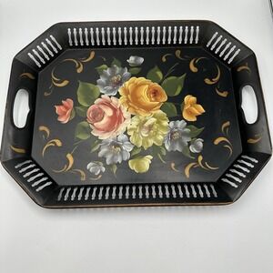 VTG Toleware Hand Painted Black Metal Serving Tray Reticulated Handle Floral MCM